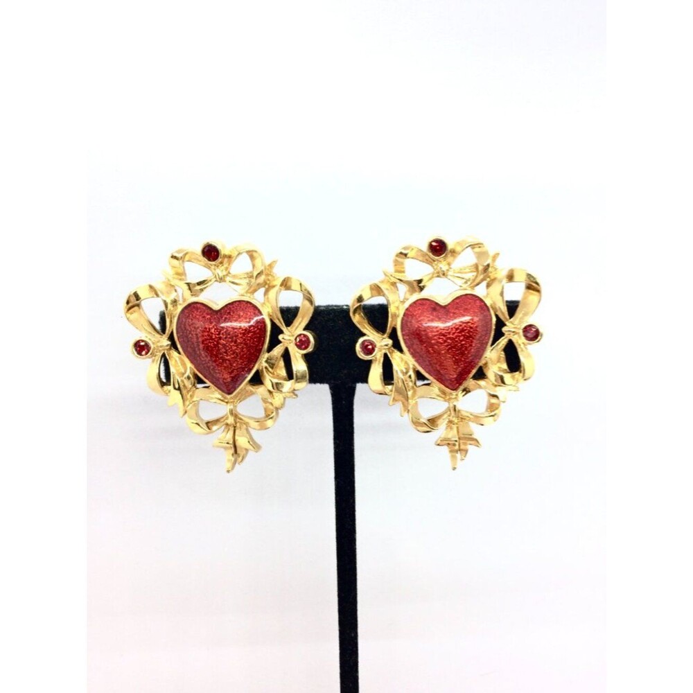 VINTAGE AVON EARRINGS Gold Tone Red Heart Bow Rhinestone Clip On Romantic